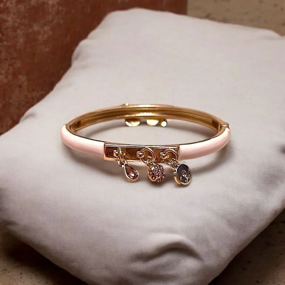 Pink Purple Rhinestone Gold Tone Dangle Clamper Bangle Bracelet